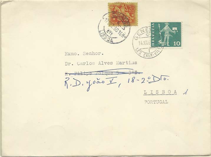 0482.jpg -     Lote:    482            Portugal        Descrição:         1953 &mdash; Cavaleiro Medieval. Sobrescrito (impresso) remetido de Geneve (14.12.60) para Lisboa. Posteriormente reendereçado pagou nova franquia com selo de $20 CE765.        Carta       Valor Base:     &euro; 8,00     Valor Venda:     Retirado     