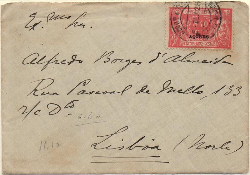0485.jpg -     Lote:    485            Açores       Descrição:         192&frac12;3 &mdash; Encomendas Postais. Comércio e Indústria. Selos do Continente com sobrecarga "AÇORES". Selos de recurso. Sobrescrito circulado de Ponta Delgada (06.12.28) para Lisboa (13.12.28) com selo de $40 CE EP6. Selo das encomendas postais utilizado com selo de recurso do correio ordinário.        Carta       Valor Base:     &euro; 25,00     Valor Venda:     Retirado     