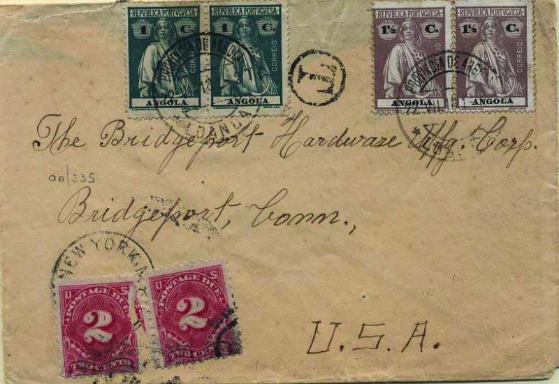 0489.jpg -     Lote:    489            Angola       Descrição:         1914 &mdash; Ceres. Sobrescrito circulado de Luanda (22.07.16) para os EUA com selos de 1C verde (2) e 1 &frac12; C (2) em denteado 15x14 e papel porcelana. Insuficientemente franquiado foi porteado à chegada com 4C. B e R.         Carta       Valor Base:     &euro; 50,00     Valor Venda:     &euro; 50,00     