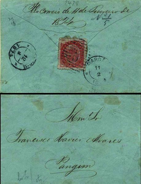 0493.jpg -     Lote:    493            Índia       Descrição:         1873 &mdash; Nativos. Tipo IB. Sobrescrito circulado de Margão (11.02.1874) para Pangim (12.02.74) com selo de 20 reis laranja vermelho CE17. Selo obliterado com carimbo numérico de barras "5 &mdash; MARGÃO". B e R.        Carta       Valor Base:     &euro; 100,00     Valor Venda:     &euro; 160,00     