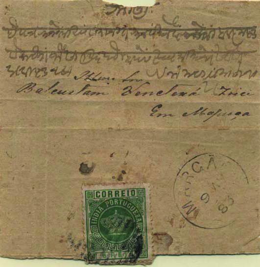 0496.jpg -     Lote:    496            Índia       Descrição:         1882 &mdash; Tipo Coroa. Valores em moeda local. Sobrescrito circulado de Margão (09.04.83) para Mapuça com selo de 6 reis verde, denteado 13 &frac12;, tipo I, CE117. B e R.        Carta       Valor Base:     &euro; 100,00     Valor Venda:     &euro; 300,00     