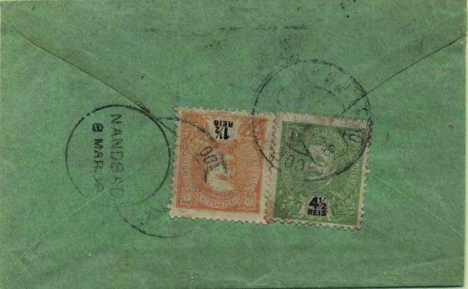 0500.jpg -     Lote:    500            Índia       Descrição:         1898/1900 &mdash; D. Carlos I tipo Mouchon. Sobrescrito circulado de Chandor CA (08.03.08) para Nandbad (08.03.08) com selos de 1 &frac12; reis laranja e 4 &frac12; reis verde-amarelo, CE155/156.         Carta       Valor Base:     &euro; 30,00     Valor Venda:     Retirado     