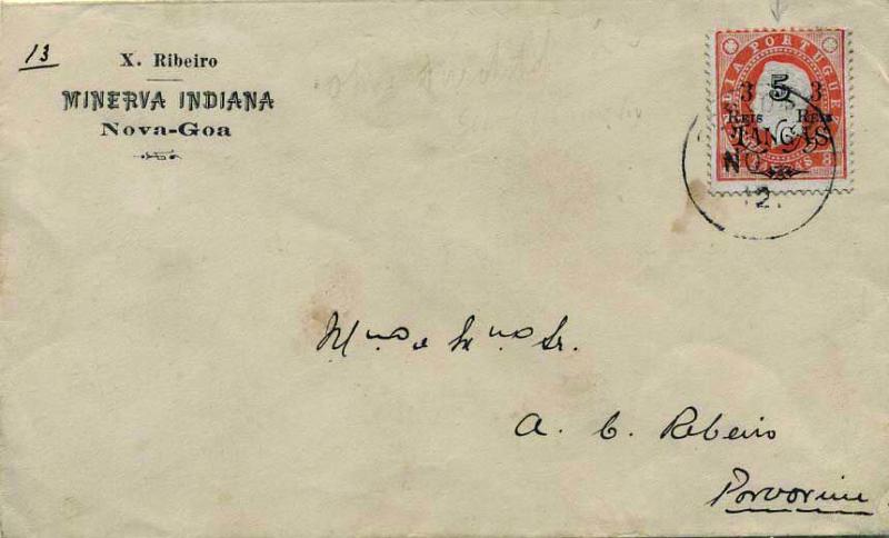 0501.jpg -     Lote:    501            Índia       Descrição:         1911/13 &mdash; D. Luís I (emissão de 1902) com sobretaxa. Sobrescrito circulado de Nova Goa (22.11.12) para Porvorim com selo duplo de 3 reis s/ 5 Tangas s/ 8 Tangas, laranja, denteado 13 &frac12;, não denteado ao meio. MB e MR.        Carta       Valor Base:     &euro; 150,00     Valor Venda:     &euro; 200,00     