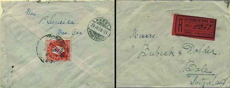 0502.jpg -     Lote:    502            Índia       Descrição:         1915 &mdash; D. Luís (emissão de 1902) com sobrecarga REPUBLICA da Casa da Moeda. Sobrescrito circulado registado de Nova Goa para a Basel / Suiça (28.04.20) com selo de 5 Tangas s/ 8 Tangas laranja, denteado 13 &frac12;.         Carta       Valor Base:     &euro; 150,00     Valor Venda:     Retirado     