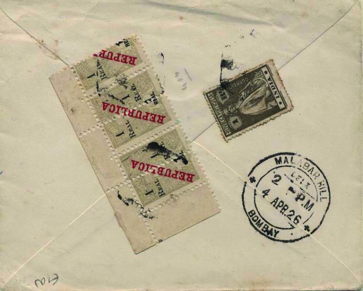 0503.jpg -     Lote:    503            Índia       Descrição:         1911/14 &mdash; D. Carlos I com sobrecarga REPUBLICA da Casa da Moeda, com sobretaxa e perfurados ao meio na vertical + Ceres. Sobrescrito circulado para Bombaim (04.04.26) com 5 selos de 1 real s/ 1 real CE238 e selo de 1 real sépia CE254.        Carta       Valor Base:     &euro; 80,00     Valor Venda:     Retirado     
