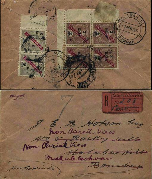 0504.jpg -     Lote:    504            Índia       Descrição:         1911/14 &mdash; D. Carlos I, com REPUBLICA de 1911, com sobretaxa e perfurados verticalmente ao meio + D. Carlos I, com REPUBLICA de 1911 com sobretaxa. Sobrescrito circulado registado de Porvorim para Bombaim (17.04.26) com trânsito por Nova Goa (15.04.26) com 4 selos (dois inteiros) de 6 reis s/ 9 reis sobrecarga A, CE245 e quadra canto de folha de 3 reis s/ 2 tangas, CE300.         Carta       Valor Base:     &euro; 200,00     Valor Venda:     Retirado     