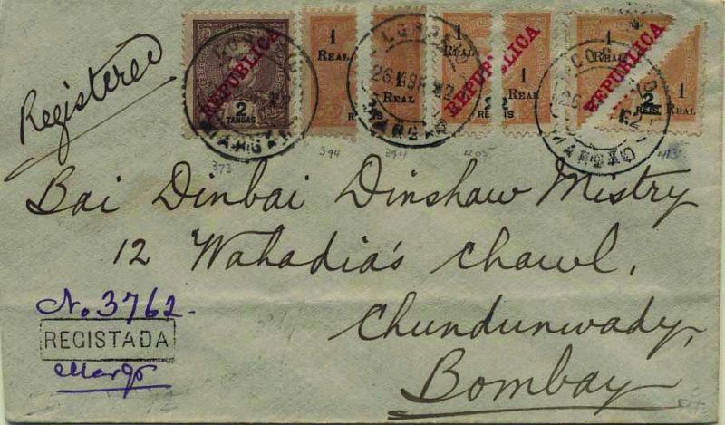 0505.jpg -     Lote:    505            Índia       Descrição:         1911/13 &mdash; D. Carlos I com sobrecarga REPUBLICA da Casa da Moeda + D. Carlos I com sobretaxa e perfurados ao meio + D. Carlos I com sobrecarga REPUBLICA da Casa da Moeda e perfurados na vertical e na diagonal. Sobrescrito circulado registado de Margão (26.04.12) para Bombay (29.04.12) com selos de 2T CE209, 2x1 real s/ 2 reis laranja CE230, 2x1 real s/ 2 reis laranja CE 238 (perfurado ao meio na vertical), 2x1real s/ 2 reis laranja CE238 (perfurado ao meio na diagonal). MB e R.        Carta       Valor Base:     &euro; 100,00     Valor Venda:     &euro; 110,00     