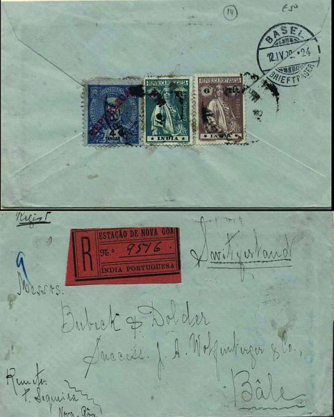 0506.jpg -     Lote:    506            Índia       Descrição:         1911/14 &mdash; D, Carlos I com sobrecarga REPUBLICA da Casa da Moeda + Ceres. Sobrescrito circulado registado de Nova Goa para Basel / Suiça (12.04.20) com selos de 4 Tangas CE210, 1 &frac12; e 6 reis CE255, 261.        Carta       Valor Base:     &euro; 50,00     Valor Venda:     &euro; 60,00     