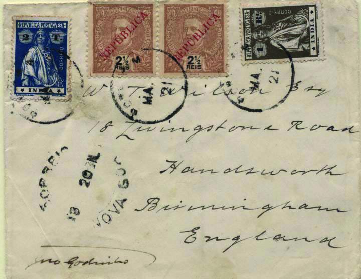 0509.jpg -     Lote:    509            Índia       Descrição:         1914 &mdash; Ceres + D. Carlos I tipo Mouchoin com sobrecarga REPUBLICA local. Sobrescrito circulado de Porvorim (Maio 21) para a Inglaterra com trânsito por Nova Goa (18.05.21) com selos de 1 real CE254, 2 Tangas CE265, e par de 2 &frac12; reis CE274. B e MR.        Carta       Valor Base:     &euro; 175,00     Valor Venda:     &euro; 280,00     
