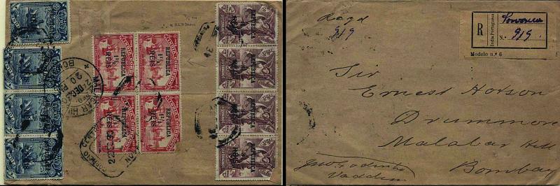 0510.jpg -     Lote:    510            Índia       Descrição:         1914 - 4.º Centenário do Descobrimento do Caminho Marítimo para a Índia com REPUBLICA e sobretaxa. Sobrescrito circulado registado de Porvorim para Bombaim (24.12.30) com trânsito por Nova Goa (22.12.30) com quadra de 1 &frac12; s/ 4 &frac12; reis (um selo com a variedade "1" de "&frac12;" invertido) + tira e 3 selos e um simples de 3 reis s/ 1 Tanga e tira de 4 selos de 3 reis s/ 2 Tangas, CE305, 307 e 308. Dois selos com defeitos. MB e MR.        Carta       Valor Base:     &euro; 400,00     Valor Venda:     Retirado     