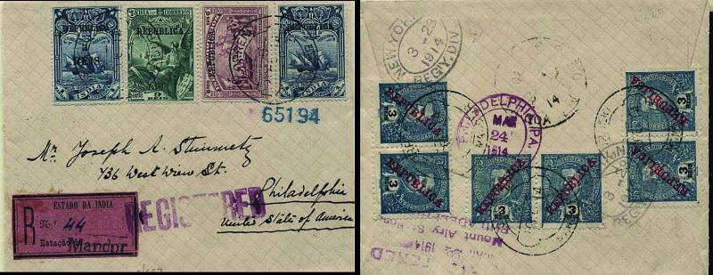 0511.jpg -     Lote:    511            Índia       Descrição:         1913 &mdash; 4.º Centenário do Descobrimento do Caminho Marítimo para a Índia, com sobrecarga REPUBLICA + idem com sobretaxa + D. Carlos I tipo Mouchon com sobrecarga REPUBLICA da Casa da Moeda. Sobrescrito circulado registado de Mandur (20.02.14) para Filadélfia (24.03.14) com trânsito por New York (23.03.14) com selos de 6 reis CE248, 9 reis CE249, 1 Tanga CE250, 3 reis s/ 1 Tanga CE307 e 6 selos de 3 reis azul CE204. MB e MR. Rara obliteração de MANDUR.        Carta       Valor Base:     &euro; 300,00     Valor Venda:     &euro; 360,00     