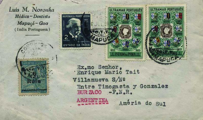 0513.jpg -     Lote:    513            Índia       Descrição:         1942/54 &mdash; Padrões, com sobretaxa + Centenário do Selo Postal Português + Centenário do Nascimento do Dr. Gama Pinto. Sobrescrito circulado de Mapuça (02.07.56) para a Argentina (23.08.56) com selos de 6r s/ 3T, 2x1T e 2T, CE374, 434 e 436.        Carta       Valor Base:     &euro; 8,00     Valor Venda:     Retirado     