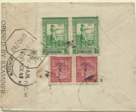 0514.jpg -     Lote:    514            Índia       Descrição:         1938/42 &mdash; Império Colonial Português + Padrões com sobrecarga. Sobrescrito circulado para Bombaim (09.11.42) com 2 selos de 6 reis CE351 e dois selos de 3 reis s/ 1 &frac12; T CE370.        Carta       Valor Base:     &euro; 10,00     Valor Venda:     Retirado     