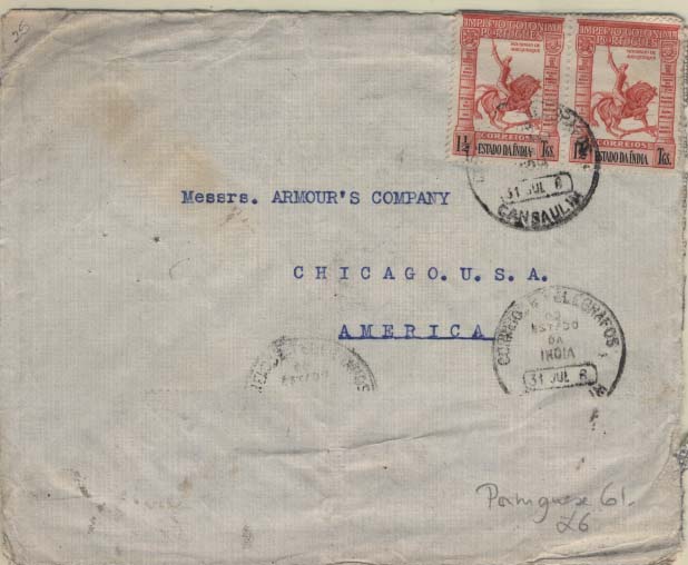 0515.jpg -     Lote:    515            Índia       Descrição:         1938 &mdash; Império Colonial Português. CE354, 1 &frac12; T vermelho. Par em sobrescrito circulado de Cansaulim (31.07.46) para os EUA.        Carta       Valor Base:     &euro; 10,00     Valor Venda:     Retirado     