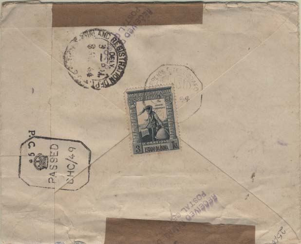 0516.jpg -     Lote:    516            Índia       Descrição:         1938 &mdash; Império Colonial Português. CE357, 3T cinzento em sobrescrito circulado de Margão para Bombaim (08.04.44). Cinta de censura inglesa.        Carta       Valor Base:     &euro; 10,00     Valor Venda:     Retirado     