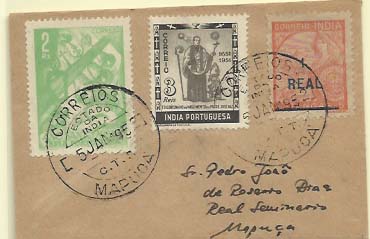 0517.jpg -     Lote:    517            Índia       Descrição:         1942/51 &mdash; Padrões com sobretaxa + Ano Santo + Tricentenário do Nascimento de Padre José Vaz. Sobrescrito de reduzidas dimensões circulado em Mapuça (05.01.52) com selos CE368, 406 e 418. MB.        Carta       Valor Base:     &euro; 10,00     Valor Venda:     Retirado     