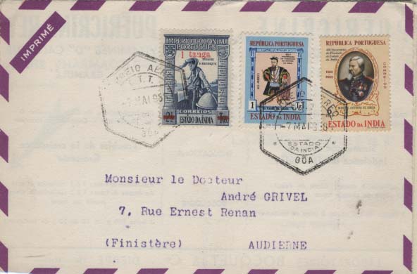 0518.jpg -     Lote:    518            Índia       Descrição:         1950/56 &mdash; Império Colonial Português, com sobretaxa + 450.º Aniversário da Fundação do Estado da Índia. Vice-Reis + idem. Vultos. Carta publicitária dos Laboratórios Bocquet et C.º, circulada de Goa (07.05.58) com selos de 1T s/ 2 &frac12; reis CE404 + 1Tg CE443 + 6 reis CE447.        Carta       Valor Base:     &euro; 8,00     Valor Venda:     &euro; 8,00     