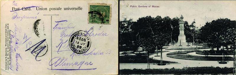 0519.jpg -     Lote:    519            Macau       Descrição:         1898/1903 &mdash; D. Carlos I. Postal ilustrado (Public Gardens of Macao), circulado de Macau (13.07.08) para a Alemanha com trânsito por Hong-Kong (13.07.08), com selo de 2 avos verde CE129. Bonito postal ilustrado.        PI       Valor Base:     &euro; 25,00     Valor Venda:     &euro; 25,00     