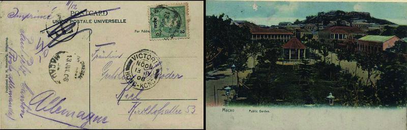0520.jpg -     Lote:    520            Macau       Descrição:         1898/1903 &mdash; D. Carlos I. Postal ilustrado (Macao &mdash; Public Garden), circulado de Macau (13.07.08) para a Alemanha com trânsito por Hong-Kong (13.07.08), com selo de 2 avos verde CE129. Bonito postal ilustrado.        PI       Valor Base:     &euro; 25,00     Valor Venda:     &euro; 34,00     