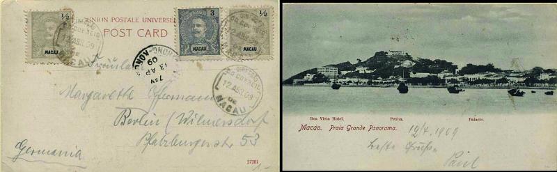 0521.jpg -     Lote:    521            Macau       Descrição:         1898/1903 &mdash; D. Carlos I. Postal ilustrado (Macao. Praia Grande Panorama), circulado de Macau (12.04.09) para a Alemanha com trânsito por Hong Kong (13.04.09), com 2 selos de &frac12; avo cinzento e 3 avos ardósia CE78 e 130. Bonito postal ilustrado.        PI       Valor Base:     &euro; 25,00     Valor Venda:     &euro; 32,00     