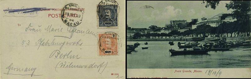 0522.jpg -     Lote:    522            Macau       Descrição:         1898/1903 &mdash; D. Carlos I. Postal ilustrado (Praça Grande &mdash; Macau), circulado de Macau (18.10.09) para a Alemanha, com selos de 3 avos ardósia e 1 avo laranja CE79 e 130. Bonito postal ilustrado.        PI       Valor Base:     &euro; 25,00     Valor Venda:     &euro; 44,00     