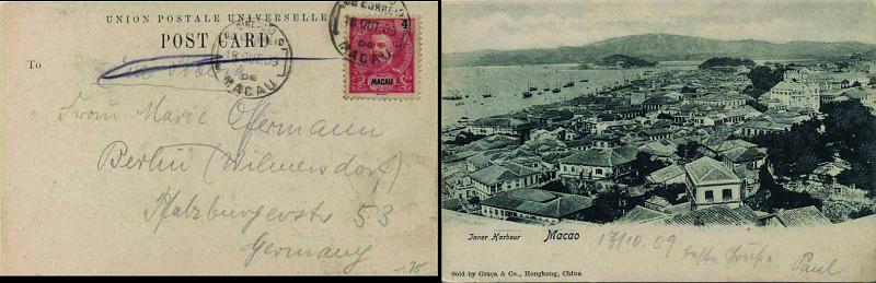 0523.jpg -     Lote:    523            Macau       Descrição:         1903 &mdash; D. Carlos I. Postal ilustrado (Macao &mdash; Inner Harbour) circulado de Macau (18.10.09) para a Alemanha, com selo de 4 avos carmim CE131. Bonito postal ilustrado.        PI       Valor Base:     &euro; 25,00     Valor Venda:     &euro; 36,00     