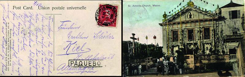 0524.jpg -     Lote:    524            Macau       Descrição:         1903 &mdash; D. Carlos I. Postal ilustrado (Macao &mdash; St. António Church) lançado a bordo de paquete para a Alemanha com trânsito por Hong-Kong (13.07.08), com selo de 4 avos carmim CE131. Bonito postal ilustrado. Marca de denominação de origem batida a preto "PAQUEBOT" &mdash; Hosking 1485        PI       Valor Base:     &euro; 25,00     Valor Venda:     &euro; 44,00     