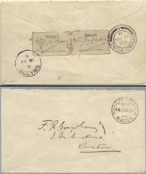 0525.jpg -     Lote:    525            Macau       Descrição:         1911 &mdash; Tipo "Etiquetas". CE148, 2 avos preto. Sobrescrito circulado de Macau (14.08.11) para Swatow (16.08.11) com trânsito por Honk-Kong (15.08.11) com par horizontal de etiquetas. Os carimbos de Swaton e Hong-Kong amarram as etiquetas à carta. MB e MR.        Carta       Valor Base:     &euro; 1.750,00     Valor Venda:     Retirado     