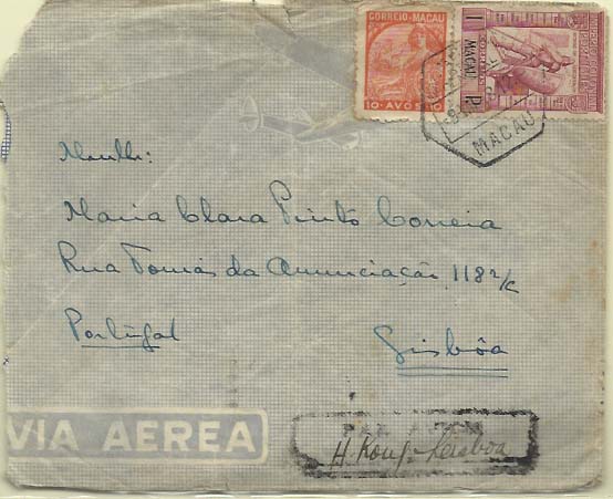 0527.jpg -     Lote:    527            Macau       Descrição:         1938/45 &mdash; Império Colonial Português + Padrões. Sobrescrito circulado por via aérea de Macau (09..08.48) para Lisboa (18.08.48) com selos de 1P CE302 e 10 avos CE325. Ligeiros defeitos no sobrescrito.        Carta       Valor Base:     &euro; 12,00     Valor Venda:     &euro; 12,00     