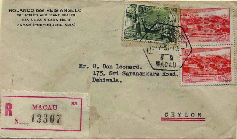 0529.jpg -     Lote:    529            Macau       Descrição:         1950/51 &mdash; Motivos locais. Novas cores. Sobrescrito circulado registado de Macau (15.05.51) para Dehiwala / Ceilão (15.06.51), com trânsito por Hong Kong (16.05.51) com selos de 2x3 avos CE343 + 50 avos CE347. Raro destino. MB.        Carta       Valor Base:     &euro; 35,00     Valor Venda:     Retirado     