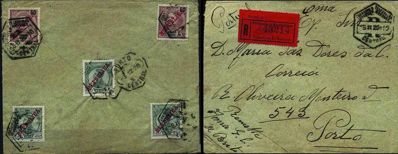 0532.jpg -     Lote:    532            Moçambique       Descrição:         1911/12 &mdash; D. Carlos I com sobrecarga REPUBLICA + D. Manuel II com sobrecarga REPUBLICA. Sobrescrito circulado registado de Lourenço Marques (05.11.20) para o Porto (03.12.20) com 2 selos de 50 reis CE109 e 3 selos de 10 reis CE120.         Carta       Valor Base:     &euro; 40,00     Valor Venda:     Retirado     