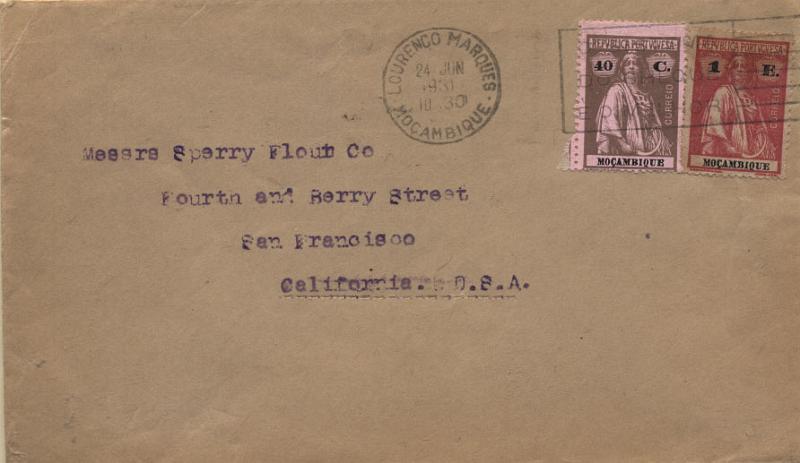 0533.jpg -     Lote:    533            Moçambique       Descrição:         1914/22 &mdash; Ceres. Sobrescrito circulado de Lourenço Marques (24.06.31) para os EUA, com selos de 40C castanho s/ rosa CE106 + 1E carmim rosa CE245. Obliteração mecânica com flâmula.        Carta       Valor Base:     &euro; 25,00     Valor Venda:     Retirado     