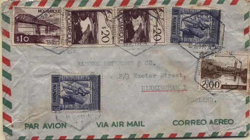 0535.jpg -     Lote:    535            Moçambique       Descrição:         1938/49 &mdash; Império Colonial Português + Vistas de Moçambique. Sobrescrito circulado da Beira (05.01.49) para a Escócia, com dois selos de 10$00 CE305 + selos de $10, $20 (2) e 2$00, CE325, 326 e 336.        Carta       Valor Base:     &euro; 20,00     Valor Venda:     Retirado     