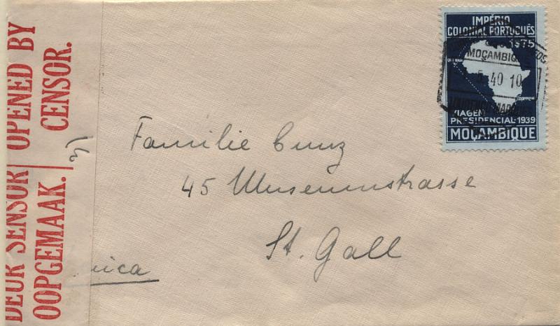 0536.jpg -     Lote:    536            Moçambique       Descrição:         1939 &mdash; Segunda Viagem Presidencial às Colónias. Sobrescrito circulado de Lourenço Marques (04.05.40) para a Suíça, via África do Sul onde foi censurado com cinta e franquiado com selo de 1$75 azul s/ azul claro CE309.        Carta       Valor Base:     &euro; 15,00     Valor Venda:     Retirado     