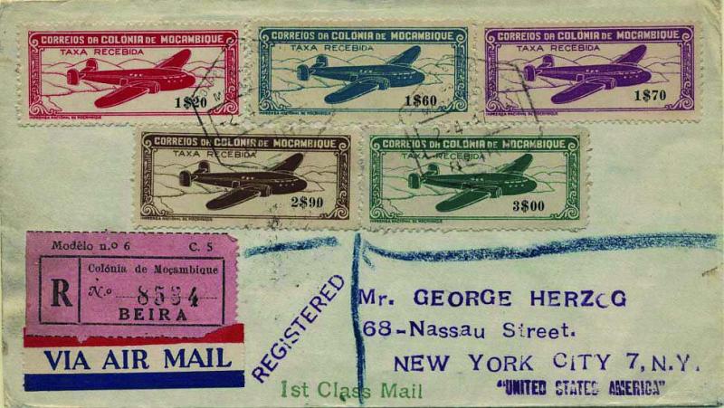 0539.jpg -     Lote:    539            Moçambique       Descrição:         1946  - Correio Aéreo. "Avião". Sobrescrito circulado registado por via aérea da Beira (02.04.47) para Nova York (12.04.47) com a série completa, CE CA 11/15. MB.        Aéreo       Valor Base:     &euro; 50,00     Valor Venda:     &euro; 50,00     