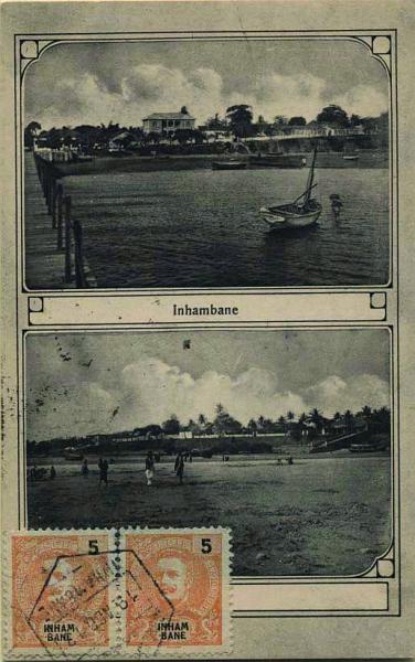 0540.jpg -     Lote:    540            Inhambane       Descrição:         1903 &mdash; D. Carlos I tipo Mouchon. Postal ilustrado de Inhambane, circulado de Inhambane (19.08.13) para os EUA, com trânsito por L. Marques (21.08.13) com par de selos de 5 reis laranja, CE16. MB.        IP       Valor Base:     &euro; 15,00     Valor Venda:     &euro; 15,00     
