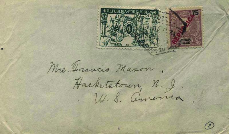 0542.jpg -     Lote:    542            Inhambane       Descrição:         1917 &mdash; D. Carlos I, com sobrecarga "REPUBLICA" tipografada localmente + Taxa de Guerra. Sobrescrito circulado de Inhambane (12.05.19) para os EUA com selo de 75 reis violeta castanho CE94 + Taxa de Guerra de 1C CE IP1. B e MR.        Carta       Valor Base:     &euro; 150,00     Valor Venda:     Retirado     