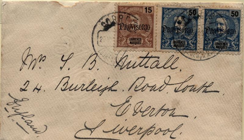 0543.jpg -     Lote:    543            Lourenço Marques       Descrição:         1902 &mdash; D. Carlos I, com sobrecarga "PROVISÓRIO". Sobrescrito circulado de Lourenço Marques (20.08.03) para Liverpool (19.09.03) com selo de 15 reis castanho e par de 50 reis azul CE65 e 67. B e R.        Carta       Valor Base:     &euro; 40,00     Valor Venda:     Retirado     