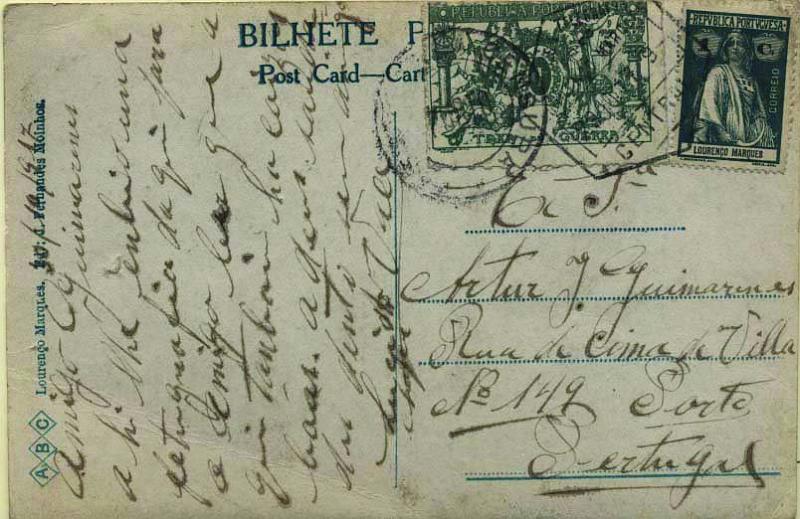 0545.jpg -     Lote:    545            Lourenço Marques       Descrição:         1912/16 &mdash; Imposto Postal * Taxa de Guerra + Ceres. Postal ilustrado circulado de Lourenço Marques (29.10.17) para o Porto, franquiado com selo de 1C Ceres de Lourenço MarquesCE119 + selo do imposto Postal Taxa de Guerra de 1c CE IP1. Carimbo a preto da censura "PASSOU PELA CENSURA / PORTO".        PI       Valor Base:     &euro; 20,00     Valor Venda:     Retirado     