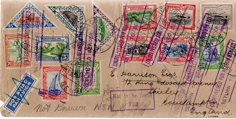 0548.jpg -     Lote:    548            Companhia de Moçambique       Descrição:         1937 &mdash; Motivos locais. Sobrescrito circulado por via aérea da Beira (17.07.37) para Southampton (27.07.37) e devolvido ao remetente na Beira (15.08.37), com selos CE172/183 + CE CA13 e 22.        Carta       Valor Base:     &euro; 75,00     Valor Venda:     &euro; 280,00     