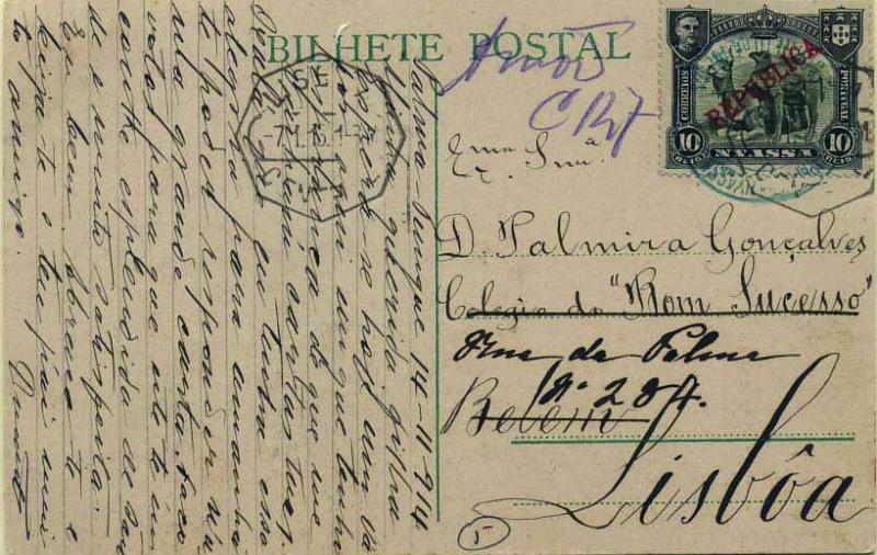 0549.jpg -     Lote:    549            Companhia do Niassa       Descrição:         1911 &mdash; D. Manuel II. Motivos diversos, com sobrecarga "REPUBLICA". Postal ilustrado circulado de Palma (14.11.14) para Lisboa (07.01.15) com selos de 10 reis verde CE54. Carimbo batido a verde-azul "CORREIO DE PALMA". MB.        PI       Valor Base:     &euro; 50,00     Valor Venda:     &euro; 110,00     