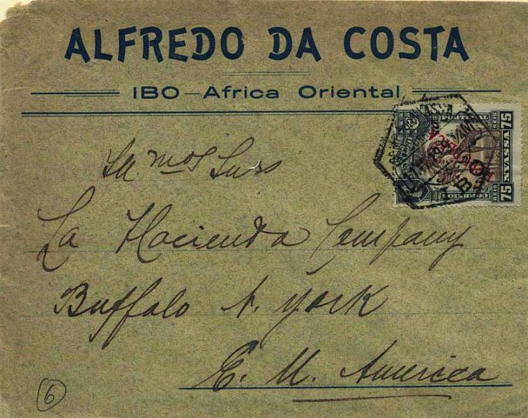 0550.jpg -     Lote:    550            Companhia do Niassa       Descrição:         1911 &mdash; D. Manuel II. Motivos diversos, com sobrecarga "REPUBLICA". Sobrescrito circulado do Ibo (11.12.19) para os EUA com selo de 75 reis castanho CE58. MB.        Carta       Valor Base:     &euro; 100,00     Valor Venda:     &euro; 160,00     