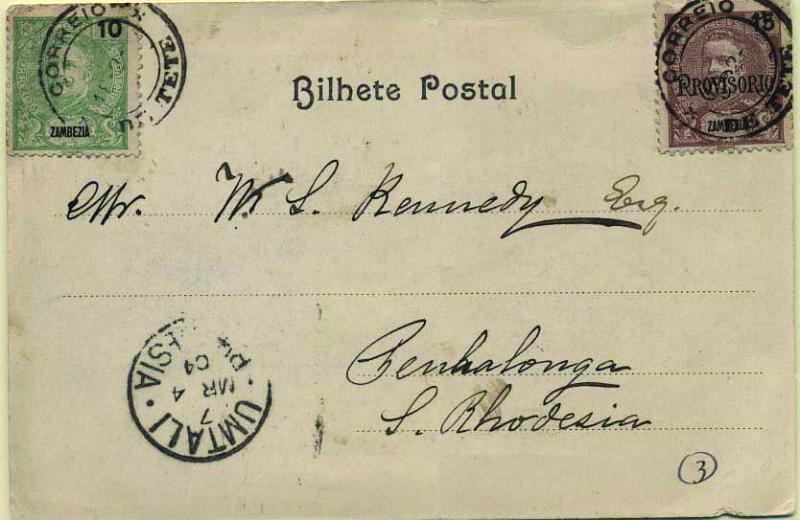 0555.jpg -     Lote:    555            Zambézia       Descrição:         1898/1902 &mdash; D. Carlos I + D. Carlos I com sobrecarga "PROVISÓRIO". Inteiro postal circulado de Tete (18.02.04) para Penhalonga/Rodéisa (07.03.04) com trânsito por Umtali (04.03.04), com selos de 10 reis verde CE16 e 15 reis castanho CE42. MB e R.        PI       Valor Base:     &euro; 30,00     Valor Venda:     &euro; 80,00     