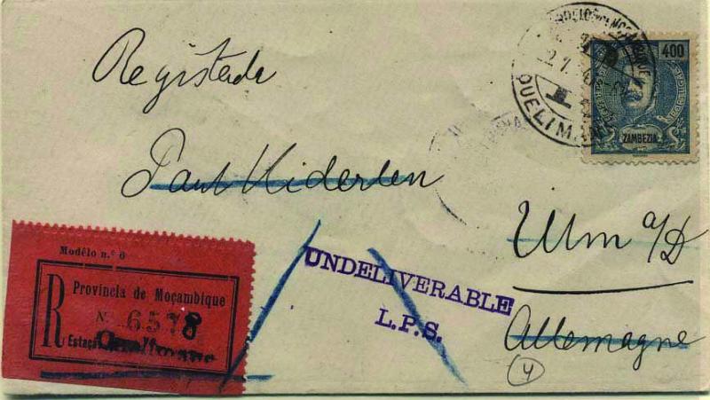 0556.jpg -     Lote:    556            Zambézia       Descrição:         1903 &mdash; D. Carlos I. Sobrescrito circulado registado de Quelimane (22.07.14) para a Alemanha (16.09.14) com trânsito por Londres (25.08.14) e Lisboa (09.09.14), com selo de 400 reis azul s/ amarelo CE53. Etiqueta de registo com marca nominativa batida a preto de "QUELIMANE". MB        Carta       Valor Base:     &euro; 100,00     Valor Venda:     &euro; 100,00     