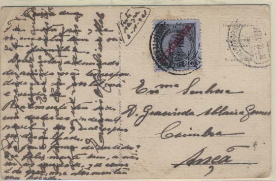 0557.jpg -     Lote:    557            S. Tomé e Príncipe       Descrição:         1912 &mdash; D. Manuel II com sobrecarga REPUBLICA. CE120, 300 reis preto s/ azul em postal ilustrado circulado de S. Tomé (05.11.21) para Coimbra.        PI       Valor Base:     &euro; 10,00     Valor Venda:     Retirado     