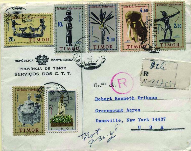 0558.jpg -     Lote:    558            Timor       Descrição:         1961/67 &mdash; Arte Indígena + Cinquentenário das Aparições de Fátima. Sobrescrito circulado registado de Dili (23.09.68) para os USA (30.09.68) com selos de 1$00, 2$50, 4$50, 5$00, 10$00, 20$00 e 3$00, CE321/326 e 348. MB e MR.        Carta       Valor Base:     &euro; 35,00     Valor Venda:     Retirado     