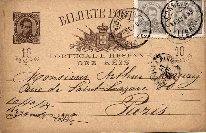 0582.jpg -     Lote:    582            Portugal       Descrição:         1884/87 &mdash; D. Luís I de frente. OM9, 10 reis castanho escuro (quadrícula no verso), tipo M, circulado de Lisboa (11.11.85) para Paris (13.11.85) com dois selos adicionais de 5 reis cinzento, denteado 13 &frac12;, papel porcelana, tipo D. Luís I de frente CE56. MB.        IC       Valor Base:     &euro; 20,00     Valor Venda:     &euro; 100,00     