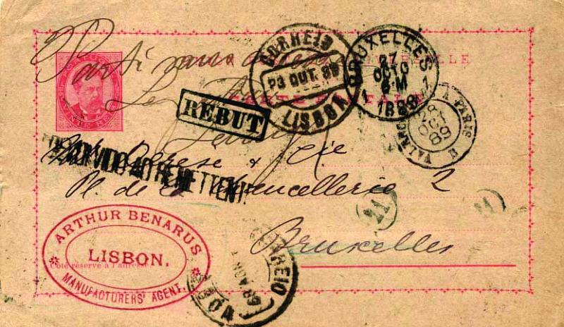 0594.jpg -     Lote:    594            Portugal       Descrição:         1884/87 - D. Luís I de frente. OM10, 20 reis rosa, circulado de Lisboa (23.10.89) para Bruxelas (27.10.89) e devolvido ao remetente. Marcas batidas a preto "REBUT" e "DEVOLVIDO AO RMENTENTE". B.        IC       Valor Base:     &euro; 12,00     Valor Venda:     &euro; 30,00     