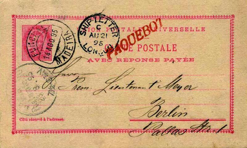 0595.jpg -     Lote:    595            Portugal       Descrição:         1884/87 &mdash; D. Luís I de frente. OM12a, 20+20 reis rosa claro. As duas folhas circuladas do Funchal (14.08.95) para Berlim (23.08.95) com trânsito por Londres (21.08.95). Marca de denominação de origem batida a vermelho "PAQUEBOT" de Londres * Hoskin 60.        IC       Valor Base:     &euro; 25,00     Valor Venda:     &euro; 110,00     