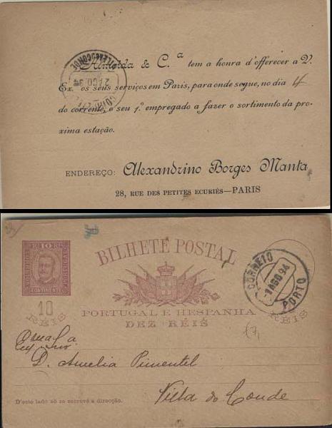 0597.jpg -     Lote:    597            Portugal       Descrição:         1892/95 &mdash; D. Carlos I tipo Diogo Neto. OM13, 10 reis lilás-castanho sobre cartolina camurça, circulado do Porto (01.08.94) para Vila do Conde (02.08.94). Repicado no verso por: ALEXANDRINO BORGES MANTA.        IC       Valor Base:     &euro; 12,00     Valor Venda:     &euro; 12,00     